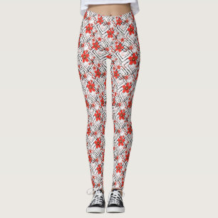 Leggings Fleurs rouges sur un arrière - plan blanc et noir.