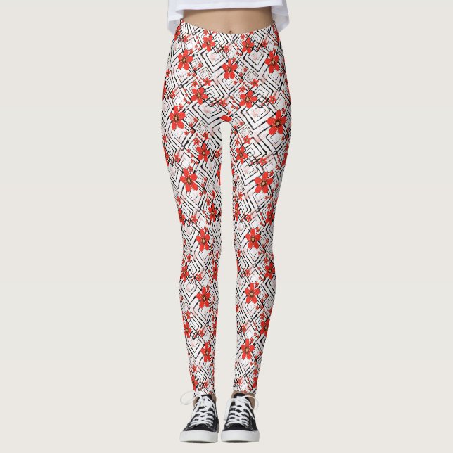 Leggings Fleurs rouges sur un arrière - plan blanc et noir. (Devant)