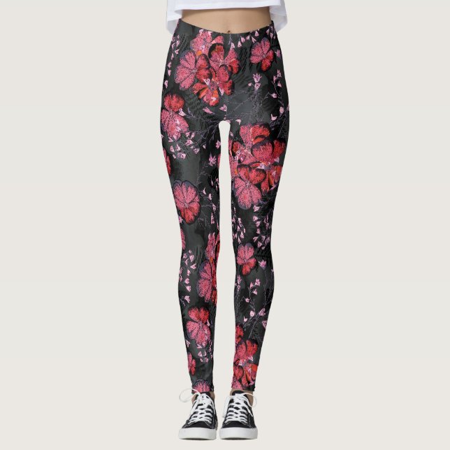 Leggings Fleurs rouges sur un arrière - plan gris-noir. (Devant)