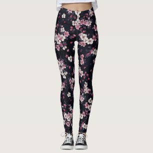 Leggings Fleurs Sakura Roses Noires, Design Motif,