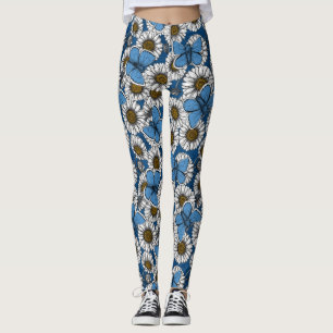 Leggings Fleurs sauvages blanches et papillons bleus