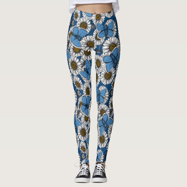 Leggings Fleurs sauvages blanches et papillons bleus (Devant)