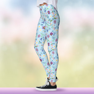 Leggings Fleurs sauvages bleu et violet Boho aquarelle flor