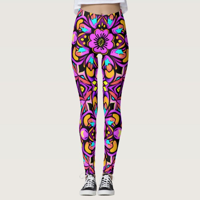 Leggings Fleurs sauvages en néon de style Blacklight (Devant)