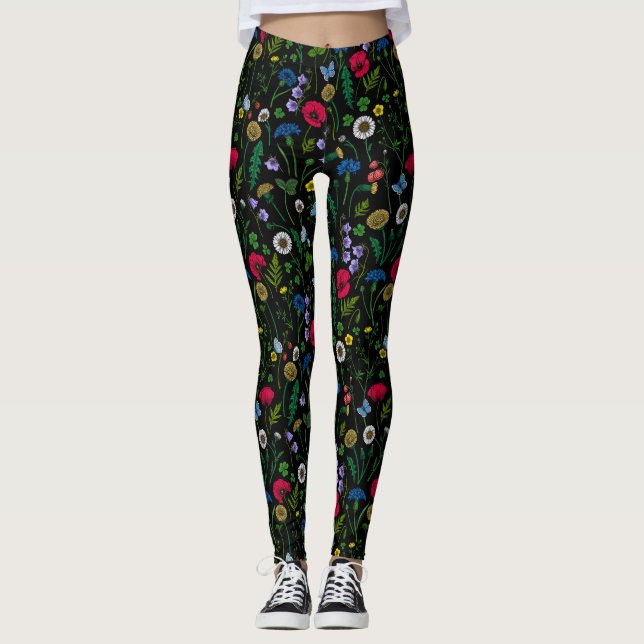Leggings Fleurs sauvages en noir (Devant)