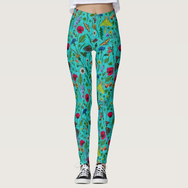 Leggings Fleurs sauvages et papillons de nuit sur turquoise (Devant)