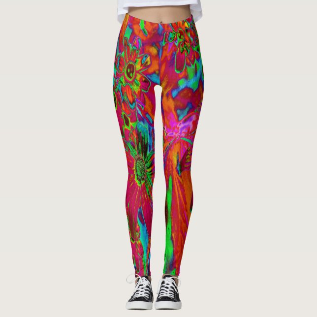 Leggings Fleurs sauvages psychédéliques rouges et vertes gr (Devant)