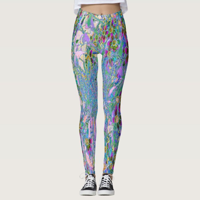 Leggings Fleurs sauvages rétro violet, vert et bleu sur ros (Devant)