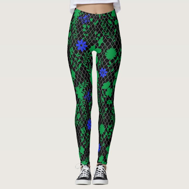 Leggings Fleurs sur net green.01.b FNG01A.Black BG (Devant)