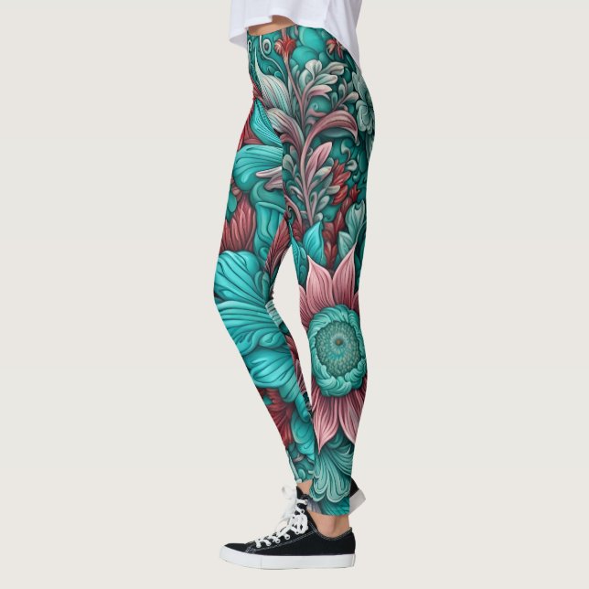 Leggings Fleurs surréalistes, bleu cyan, rouge et rose (Gauche)