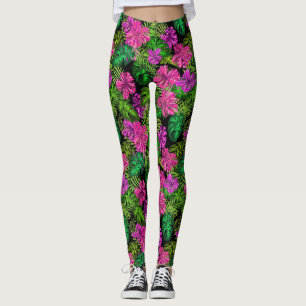 Leggings Fleurs tropicales et plantes en noir