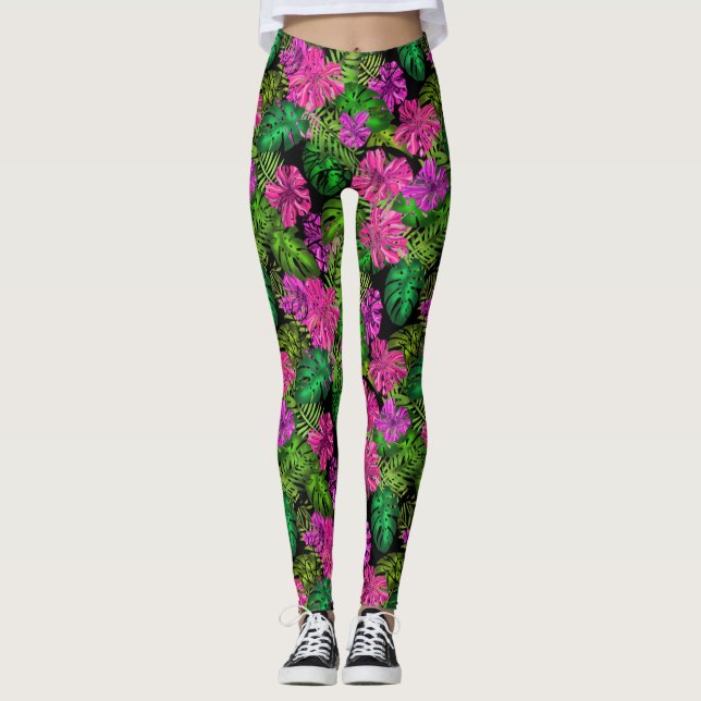 Leggings Fleurs tropicales et plantes en noir (Devant)