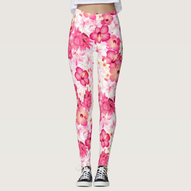 Leggings Fleurs tropicales rose et blanche (Devant)