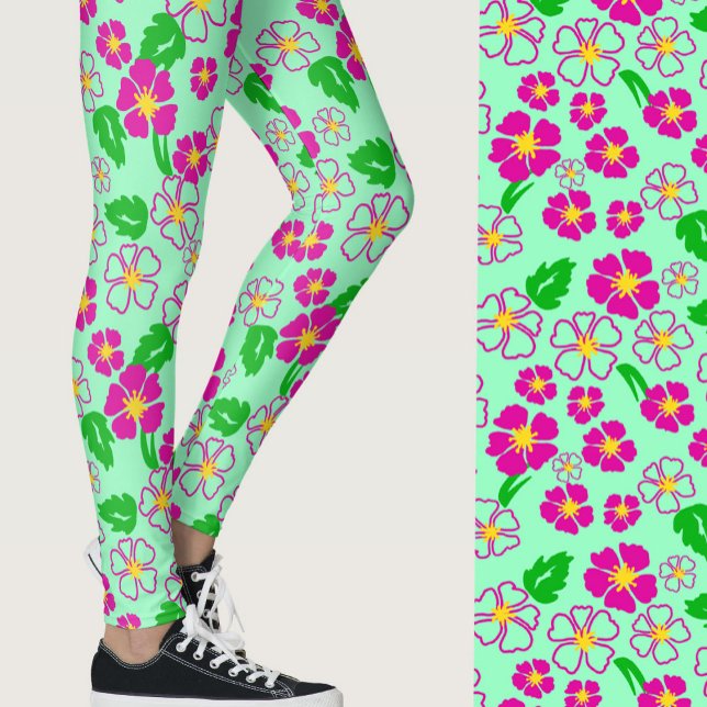 Leggings Fleurs tropicales roses et vertes à motifs (Créateur téléchargé)