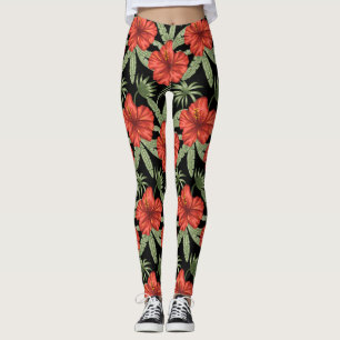 Leggings Fleurs tropicales rouges sans coutures motif vert