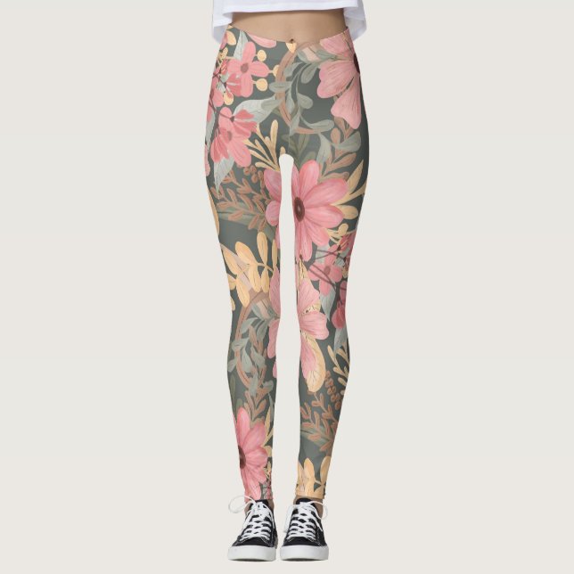 Leggings Fleurs vertes rose Sage Laisser Motif Aquarelle (Devant)