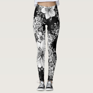 Leggings Fleurs vintage noir et blanc, motif sans couture (