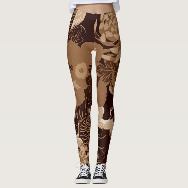 Leggings Fleurs Vintages Brown et oiseaux (Devant)