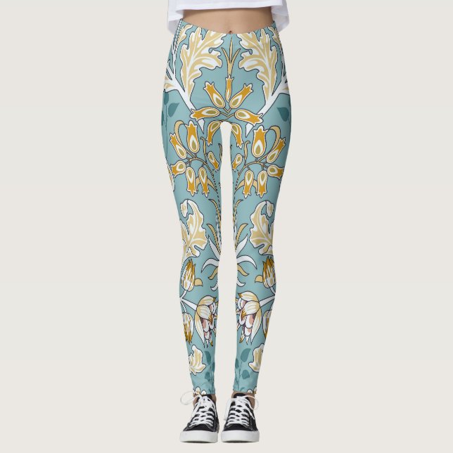 Leggings Fleurs vintages, feuillage bleu clair transparent (Devant)