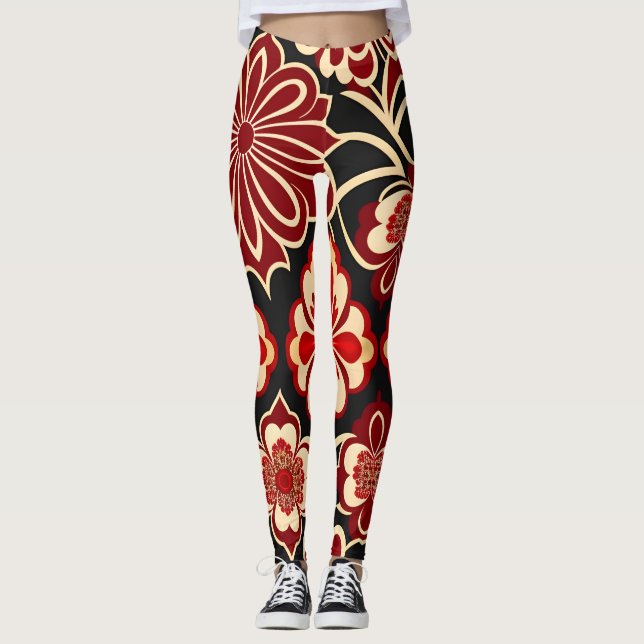 Leggings Fleurs vintages Motif Floral Rouge Vert (Devant)