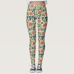 Leggings Fleurs vintages roses et florales Feuillage vert