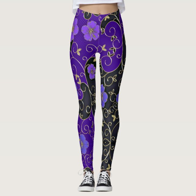 Leggings Fleurs Violettes Élégantes Avec Feuilles D'Or Et F (Devant)