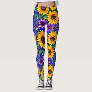 Leggings Fleurs violettes et tournesols jaunes Floral