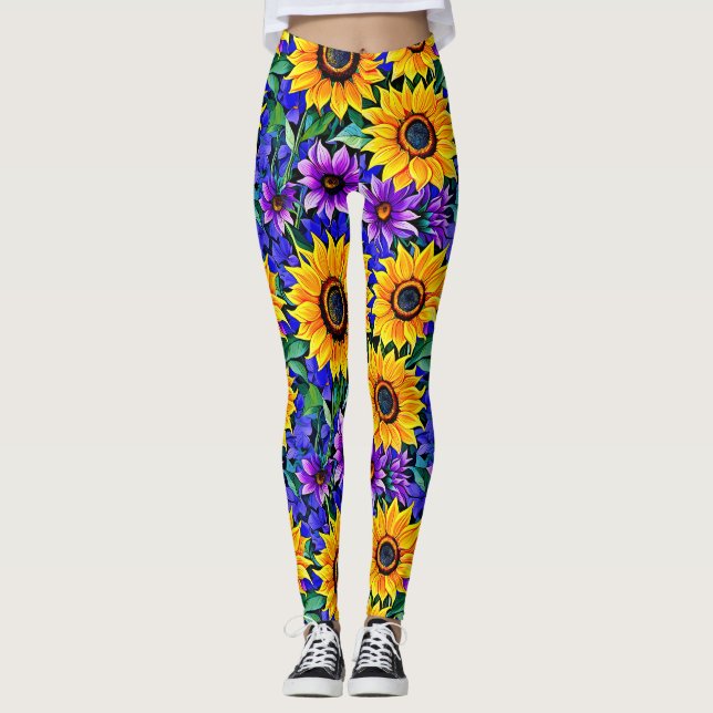 Leggings Fleurs violettes et tournesols jaunes Floral (Devant)