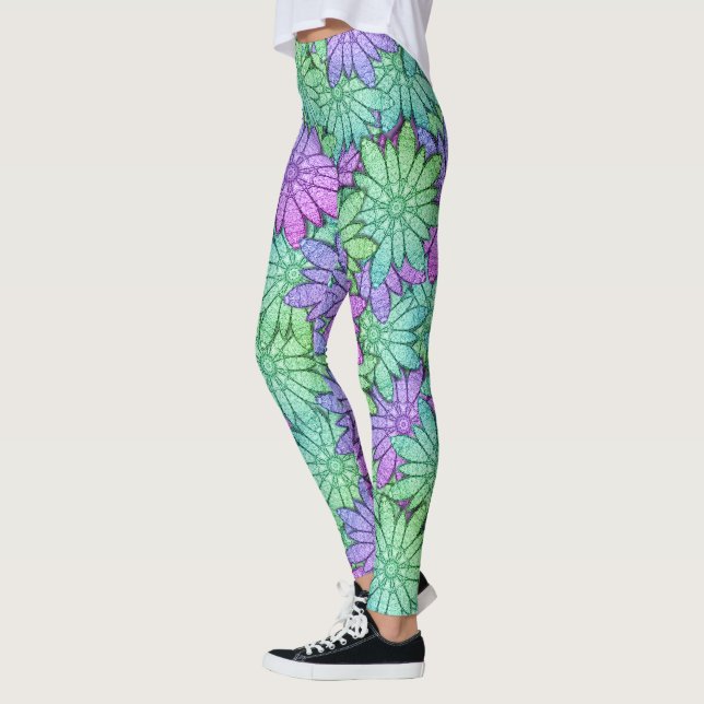 Leggings Fleurs violettes et vertes amusantes (Gauche)