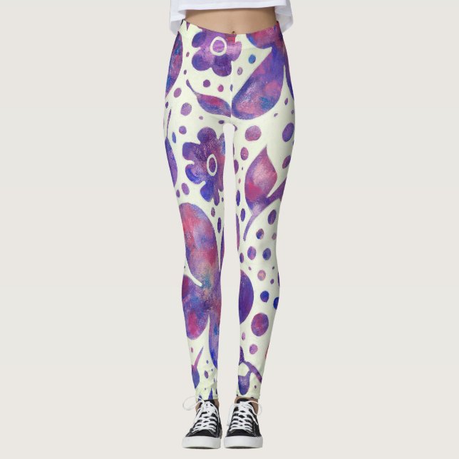 Leggings Fleurs violettes romantiques et art original Feuil (Devant)