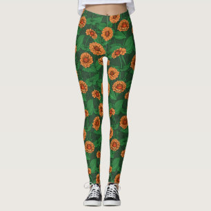 Leggings Fleurs Zinnia orange, feuilles verts sur vert fonc