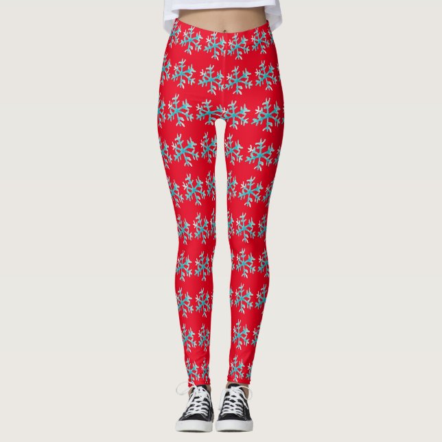 Leggings Flocon de neige aquarelle bleu rouge hiver (Devant)
