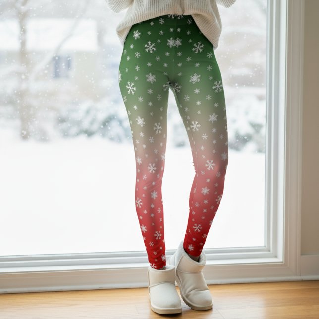 Leggings Flocon de neige vert et rouge Ombre Noël (Snowflake Green & Red Ombre Christmas Leggings
)