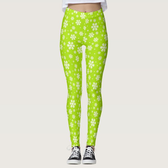 Leggings Flocons blancs sur motif vert d'hiver (Devant)
