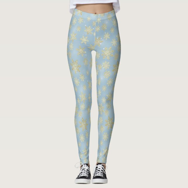 Leggings Flocons de neige dorés sur fond bleu ciel – Hiver  (Devant)