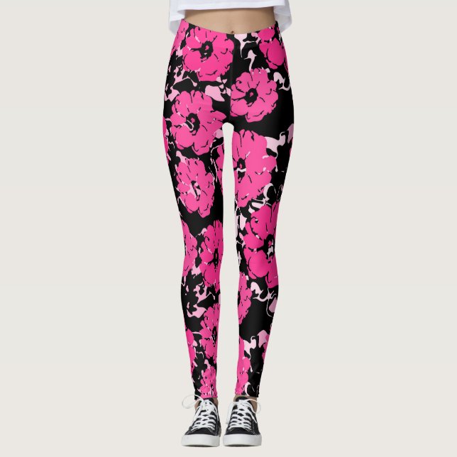 Leggings Floral Abstrait Rose Chaud Vibrant Sur Noir (Devant)