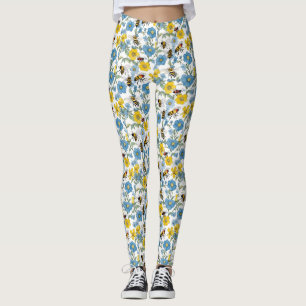 Leggings Floral bleu et jaune avec abeilles Blanc