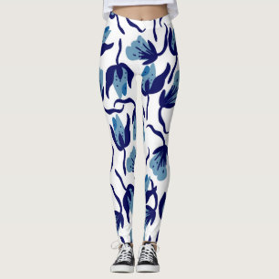 Leggings Floral De Pansy Bleu : Sans Mer Dessiné À La Main.