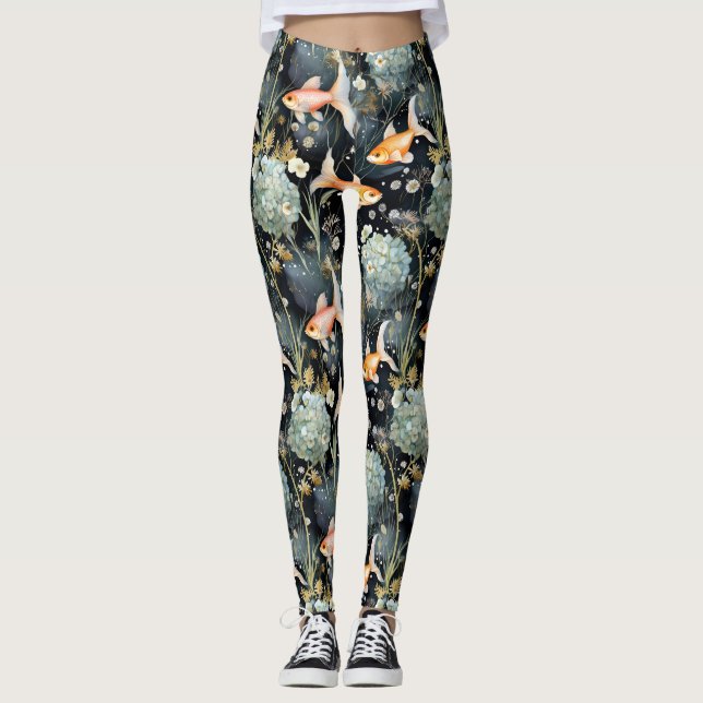 Leggings Floral : Étang de poisson d'or (Devant)
