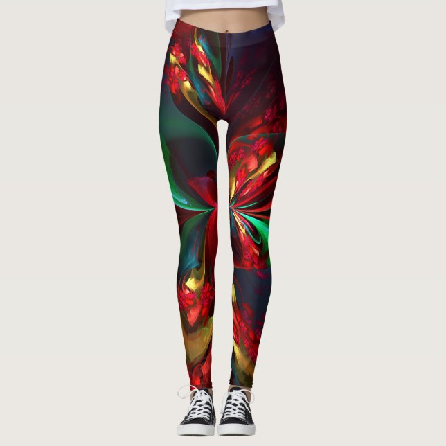 Leggings Floral moderne Art Abstrait Rouge Vert Motif #11 (Devant)
