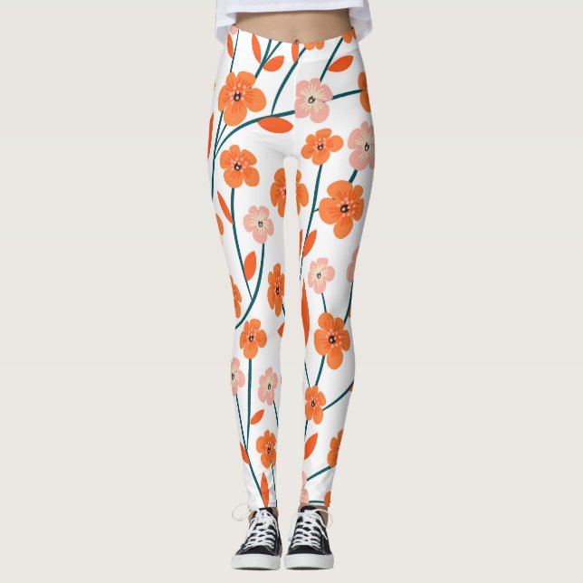 Leggings Floral Orange Pastel Blanc sans couture (Devant)