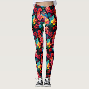 Leggings Floral Orange Tropical Flowers Feuille-66771