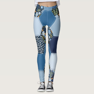 Leggings Floral, patchwork de denim : motif bleu.