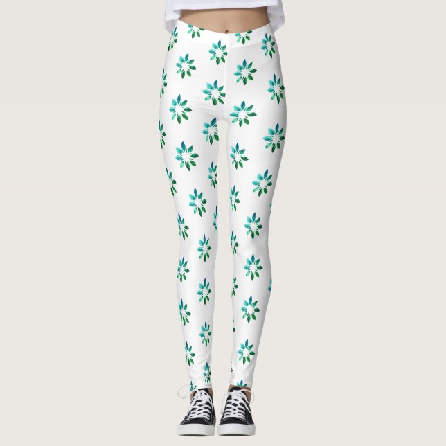 Leggings Floral Retro Motif Vert Blanc (Devant)