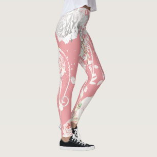 Leggings Floral rose Coral Vert Rose Vintage Motif
