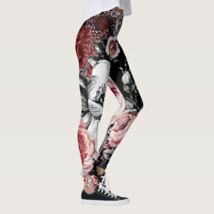 Leggings Floral rose Coral Vert Rose Vintage Motif