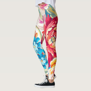 Leggings Floral rose Coral Vert Turquoise Rose Vintage Moti