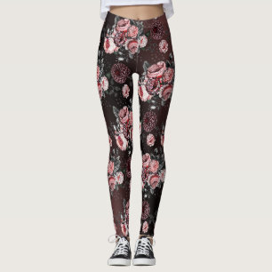 Leggings Floral rose noir violet Vintage Rose Motif