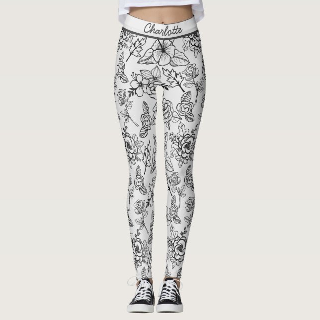 Leggings Floral sans couture motif noir & blanc personnalis (Devant)