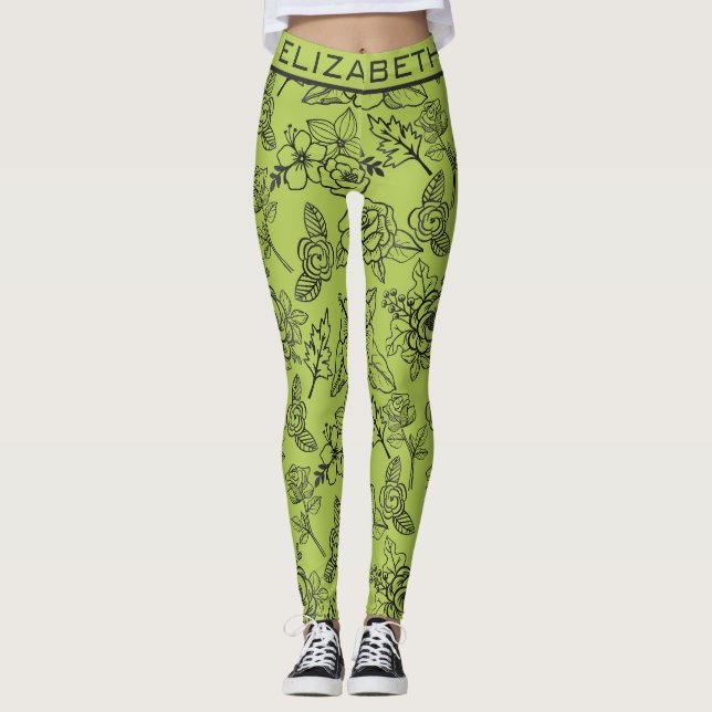 Leggings Floral sans couture motif vert bg nom personnalisé (Devant)